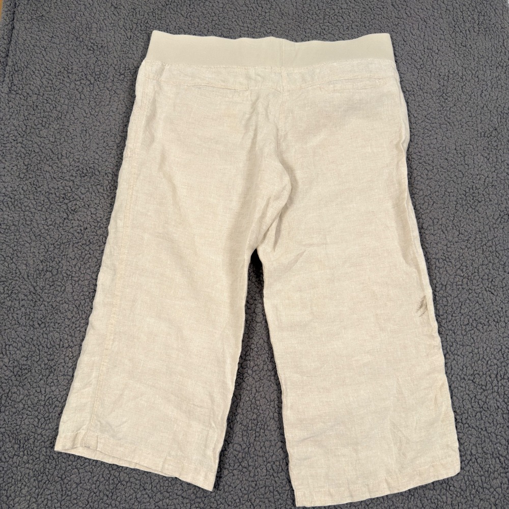 Allen Allen Pants Women XL Beige 100% Linen Pull On Elastic Waist Capri Wide Leg